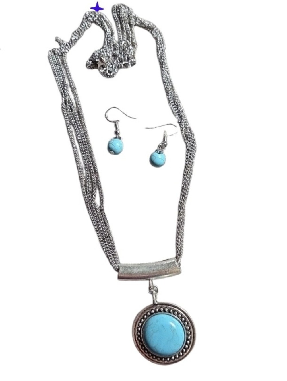 Turquoise Pendant Necklace and Earring Set - Silver Tone